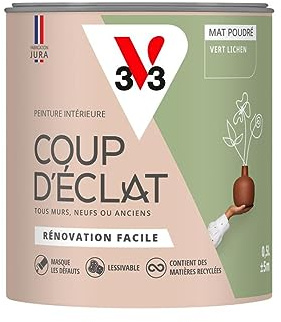 V33 Peinture murale intérieure Coup d'Éclat® Vert lichen Mat Poudré 0,5L | Tous murs neuf ou anciens, Rénovation facile, Masque les défauts, Lessivable, Contient des matières recyclées