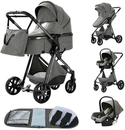 YAZOCO kinderwagen 3 in 1,Kombikinderwagen reisesysteme mit tragbar Wickeltasche Moskitonetz Regenschutz Fußsack, Zusammenklappen, Liegeposition Hohe Landschaft (Dunkelgrau)