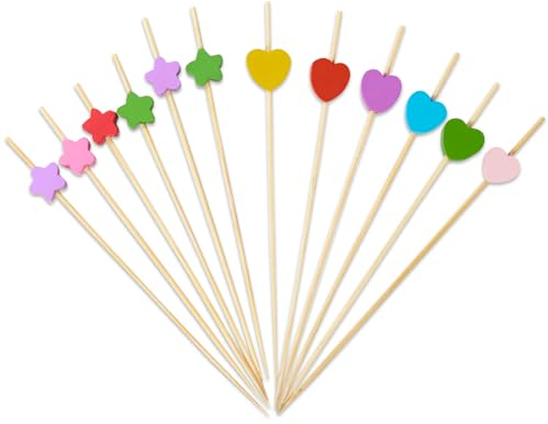 Cocktailspieße, 200 Stück Bunte Holzspieße Fingerfood Spieße Cocktail Picks Sticks Holz Zahnstocher Partyspieße Zubehör Deko für Kuchen Party Hochzeit (Herz, Stern)