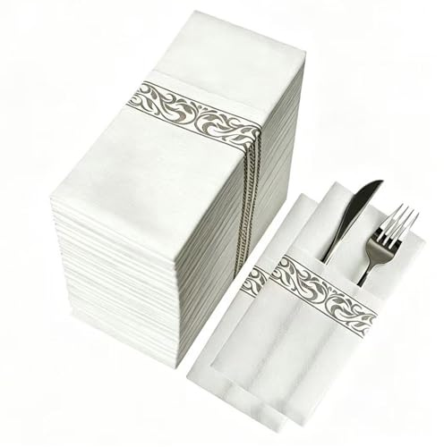 CHEERDO Lot de 50 serviettes jetables en tissu - Poche intégrée pour couverts - Pour fête de mariage - Blanc au toucher lin - Pré-pliées pour couverts (Gris 50)