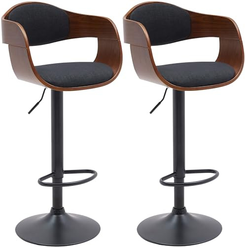 CLP Tabouret de Bar Kingston, Set de 2 tabourets avec Dossier, chaises de Bar rembourrées en Similicuir ou en Tissu, réglables en Hauteur Couleur Noyer/Noir Matériel Tissu