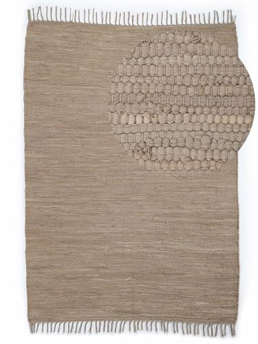 carpetfine Flickenteppich Kelim Chindi Uni Taupe 70x140 cm, handgewebt | Fleckerlteppich aus Baumwolle für Wohnzimmermit Fransen