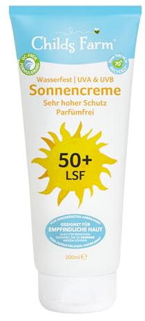Childs Farm Sonnencreme für Kinder und Babys, sehr hoher Schutz mit LSF 50+, wasserfest, UVA- und UVB-Schutz, 200ml | Für trockene, empfindliche oder auch zu Ekzemen neigende Haut geeignet