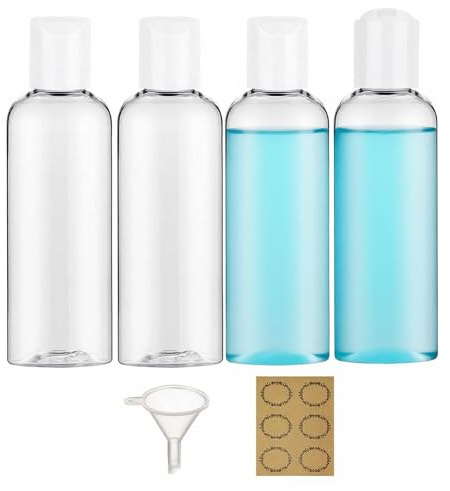 Apstaqeoo 4PCS 150ML Plastic Bottles with White Disc Top Flip Cap Empty Squeeze Bottles Clear Refillable Travel Container Dispenser with Funnel Label for Liquid Lotion Shampoo Toiletries Cosmetic