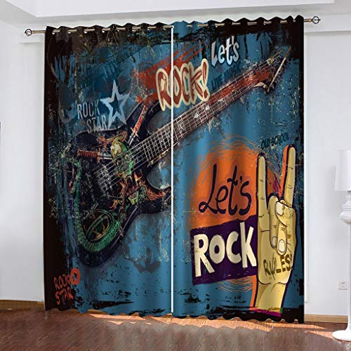 Wärmeisolierende Fenstervorhänge 200X210Cm (BxH) Retro-Musikgitarre Muster Kinder Fenstervorhang Blickdichte Vorhänge Dekor 3D Drucken Vorhang Blickdicht Vorhänge Dekor 2Er Set