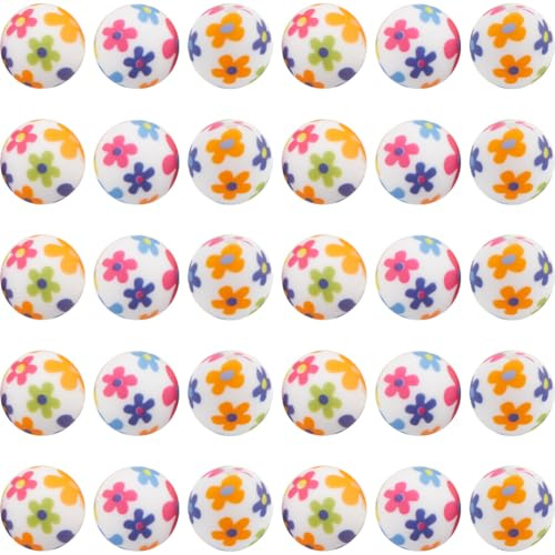 SUNNYCLUE 1 boîte de 30 perles Rondes en Silicone Imprimées en Vrac de 15mm en Caoutchouc Souple avec Motif de Pattes de Fleurs Perles D'Espacement Amples pour la Fabrication de Bijoux Colliers Bracel