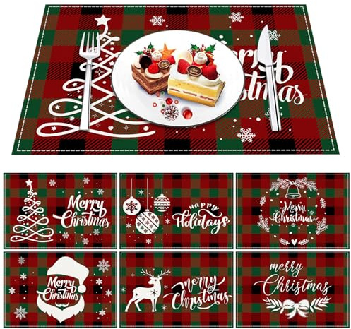 Lvjkes 6 Stück Platzset Weihnachten, 30 x 45 cm Abwaschbar, Handgenähte Bedruckte Tischsets, rutschfeste aus Leinen, Geeignet für Küche, Wohnzimmer, Esszimmer, Bar