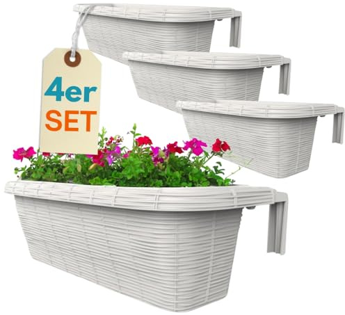 GarPet 4er Set Blumenkasten Balkongeländer Balkon Blumenkasten Balkonkasten mit Halterung Geländerkasten mit Wasserspeicher Rattan Optik Weiß 60 cm