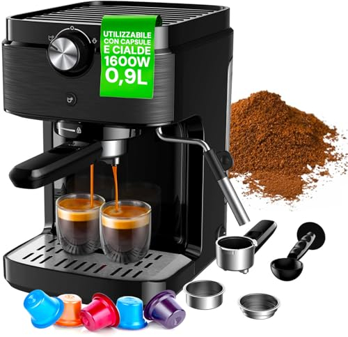 Avilia - Macchina Caffè 850W per Espresso Intenso con Filtro in Acciaio Inossidabile, Serbatoio da 2L e Compatibilità con Caffè Macinato, Uso Facile e Design Compatto Nera