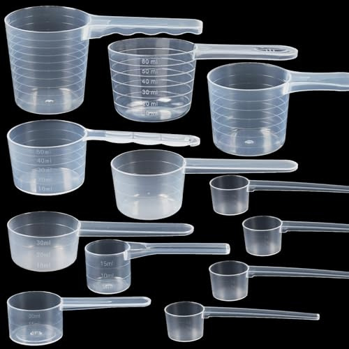 REJOECE Juego de 12 cucharas de detergente para polvo, cucharas transparentes premedidas para polvo, tazas medidoras de plástico reutilizables para leche de fórmula, proteínas, café, harina