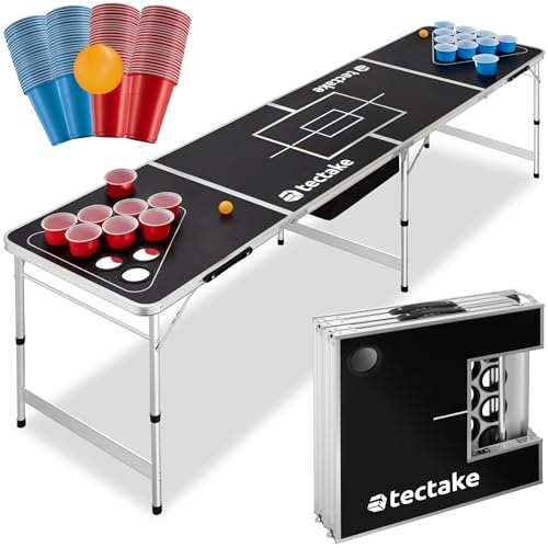 tectake® Bierpong Tisch, inkl. 100 Becher (50 rot & 50 blau) und 6 Bälle, Aluminium Tisch mit Eisfach und Becherhalter, klappbar, höhenverstellbar, Partyspiele für Erwachsene, Trinkspiel Beer Pong