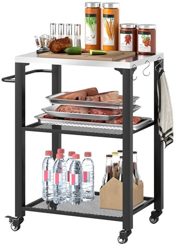 Outsunny Carrello per barbecue da esterno a tre ripiani con piano in acciaio inox, isola da cucina con 4 ruote, 3 ganci, mobile per la preparazione degli alimenti, tavolo per cucina, patio, giardino