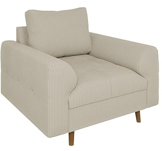 S-Style Möbel Sessel Wohnzimmer Armsessel 97 x 93 x 81 cm Mit Kissen Lesesessel Relaxsessel Skandinavischer Stil Kratzfest Freistehend Massivholzfüße Braun Cord Stoff Milo Beige