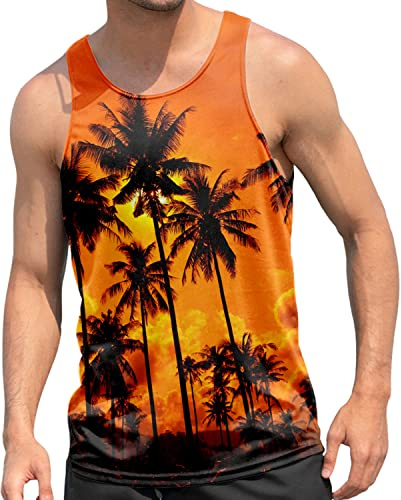 RAISEVERN Roliga 3D-tryckta linnen herr sommar ärmlös väst t-shirt, Kokos palm 11, M