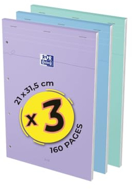 OXFORD Lot de 3 Blocs‐notes Smart Pastel A4+ 160 Pages 5x5 Agrafée Couverture Carte Souple Couleurs Assorties