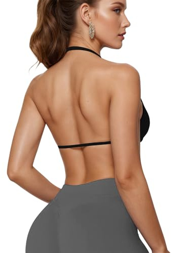 JN JANPRINT Workout Sports Bras for Women Strappy Halter Neck Running Bra Padded Backless Seamless Bralette Gym Yoga Bras Black