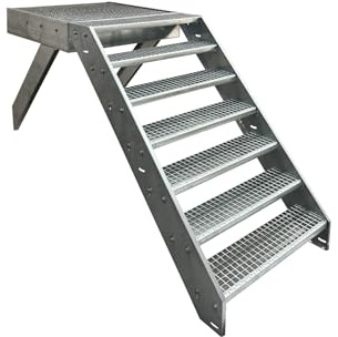 Kaminbau Mierzwa Escalier à joues en acier de qualité supérieure - 7 marches - Hauteur : 133 cm - Avec plateforme de 100 x 100 cm - Avec ou sans balustrade - Entièrement galvanisé - Résistant aux