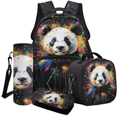 Tevecatos Colourful Splash Paint Panda Print Kids Backpack Set with Lunch Box Pencil Case, 4 PCS Lightweight Schookbag for Boys Girls, Elementary Student Bookbag