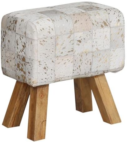 Marrakech - Pouf vintage in pelle di mucca patchwork con gambe in legno, 45 cm, colore bianco, decorazione per camera da letto o corridoio