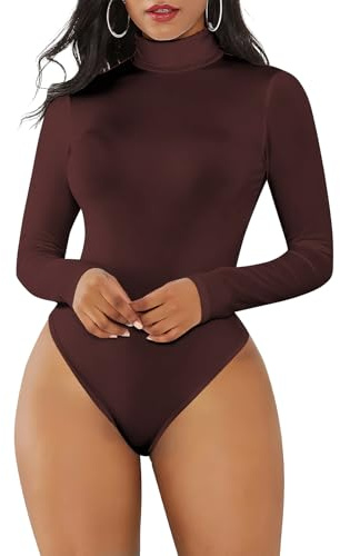 Joyshaper Women Long Sleeve Turtleneck Bodysuit Elegant High Neck Body Suit Thong Basic Undershirts, Brown, S