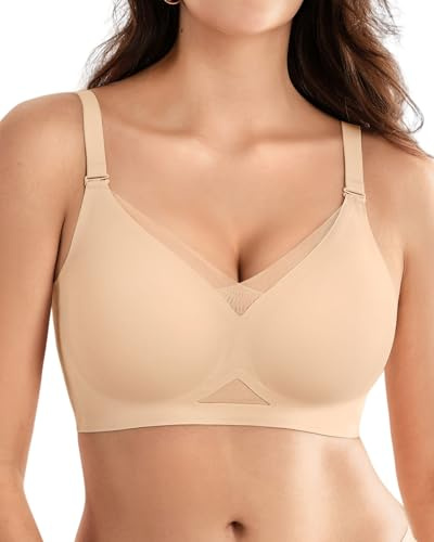 SHARICCA Dam-BH utan bygel, push-up, spetsbehå, sömlös t-shirt, bh med full bygel, mjuk, trådlös bralette, andas, för vardagssömn, sömn, Hudnyanser, M