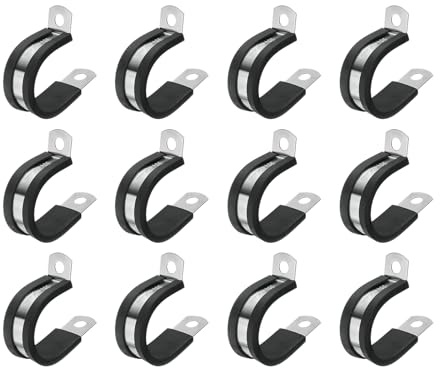 sourcing map 1(25mm) Cable Clamp, 304 Stainless Steel Rubber Cushioned Insulated R Shape Metal Clamp Tube Holder for Pipe Hose Wire Cord Installation 12Pcs