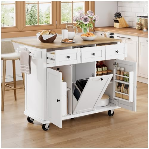 Wyibwy Carro de cocina con ruedas, isla de cocina, zona de comedor extensible, con espacio para cubo de basura y cajones, estante lateral para especias y toallero, color blanco