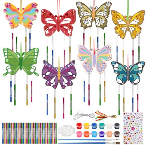 Windspiel Bastelset Kinder, 8 Stück Schmetterlinge Windspiel Basteln, DIY Kindergeburtstag Basteln Holz zum Bemalen, Schmetterling Bastelset Kindergeburtstag für Jungen Mädchen Outdoor Party Deko