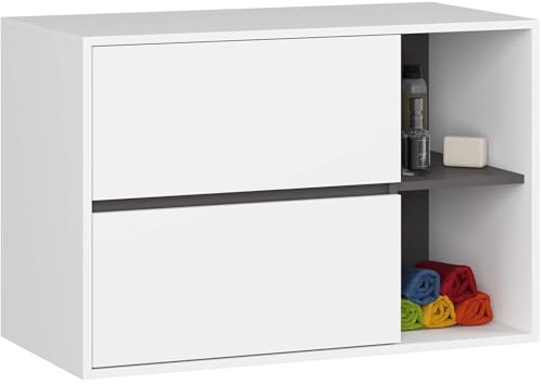 AKORD Mobile Bagno Sospeso con Lavabo - Mobile Lavabo Bagno 90 cm, 2 Cassetti - Moderno, Versatile - Per Montaggio a Parete - Vani Aperti - 90x60x45,5 cm - Bianco & Grigio Grafite