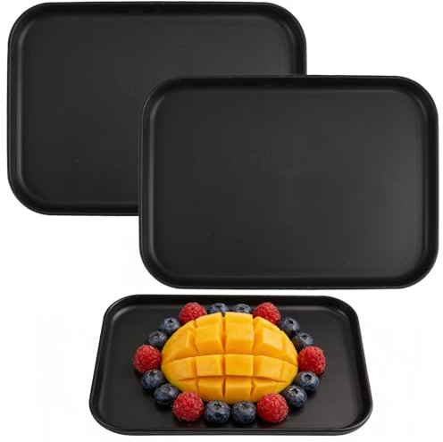 2 Stück Serviertablett Kunststoff 24 x 17 x 1,7 cm, Tablett Schwarz Rechteckig, Wiederverwendbar Küchentablett, Kleine Tabletts rutschfeste für Küche, Café, Restaurant, Spülmaschinenfestes