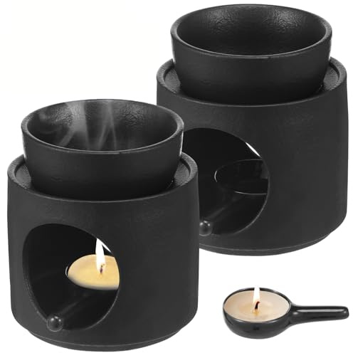 Goshoppers 2er-Set Keramik Duftlampe Teelicht für ätherische Öle (Schwarz) | Mattierter Weihrauchbrenner Diffusor mit Teelichthalter und Löffel – für Aromatherapie & Yoga, entspannend & schlaffördernd