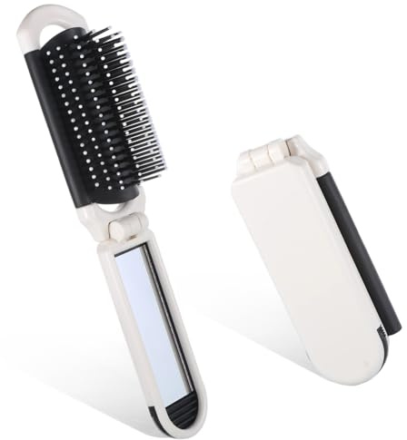 Mini Travel Hair Brush with Mirror for Women, 2 Pcs Portable Folding Brush Small Compact Pocket Hairbrush Hair Styling Tools for Gym - White