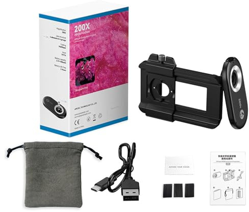 Objektiv, 200 x Handy-Mikroskop mit Clip für Handy, multifunktional, Taschenmikroskop, tragbar, multifunktional