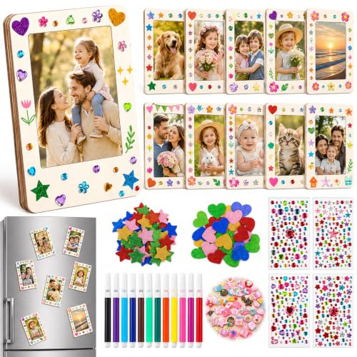 12 Stück Holzbilderrahmen zum Bemalen Mini Bilderrahmen Magnet Bilderrahmen | Magnetischer Bilderrahmen mit 12 Stück Aquarellstifte für Kühlschrank, Geburtstage Jubiläen, Hochzeit