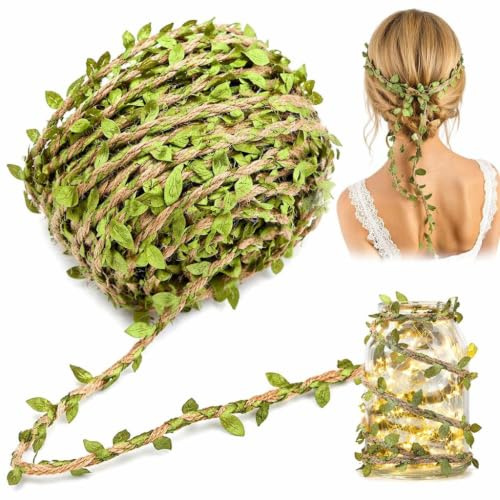 Green Leaves Jute Twine 20m 1 Pack Artificial Leaf Ribbon Rope | garden string twine,green garden rope,crafting supplies,wedding decoration,leaves bunting,wall wrap,25x18x1.6cm package