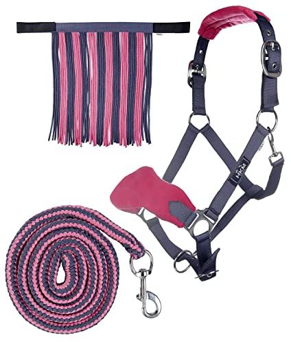 HKM 10733 Halfterset, Halfter Fliegenfransen Strick 180cm Karabiner, Grau/Pink, Pony