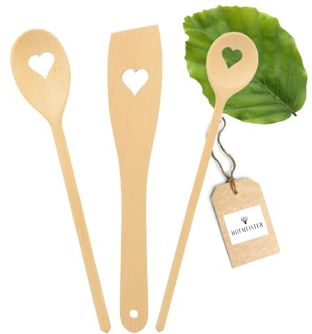 HOFMEISTER® Set de cuisine 3 pièces en bois de hêtre - 30 cm, fabriqué à la main en Europe, 2 cuillères & 1 spatule, antirayures, cadeau avec cœur pour les amoureux