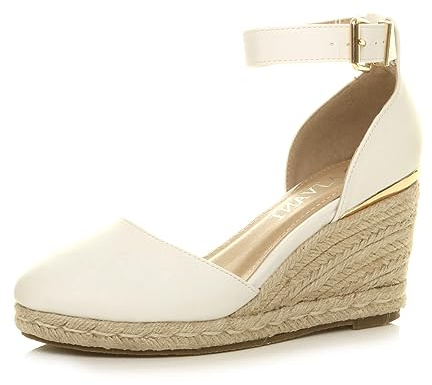 AJVANI Dam damer medelhög kilklack plattform spänne upp ankelrem Espadrille sandaler storlek, Vitt, 36 EU