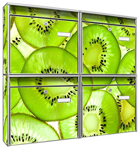 banjado Briefkastenanlage 4 Fach - Postkästen groß - verzinkter Stahl Silber DIN A4 Motiv Kiwi - Briefkasten Set 4 Briefkästen Namensschild, 2 Schlüssel, Montagematerial