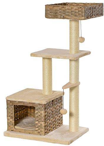 PawHut Rascador Árbol para Gatos 60x40x109 cm con Cueva de Ratán Cojín Plataformas Cama Bolas de Juego y Postes de Rascar de Sisal Natural Beige y Marrón