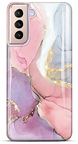 JIAXIUFEN Galaxy S21-fodral guld gnistrande, glitter marmor, smal och stötsäker TPU mjukt gummi silikonfodral, telefonfodral för Samsung Galaxy S21 5G 6,2 tum, 2021, rosa lila