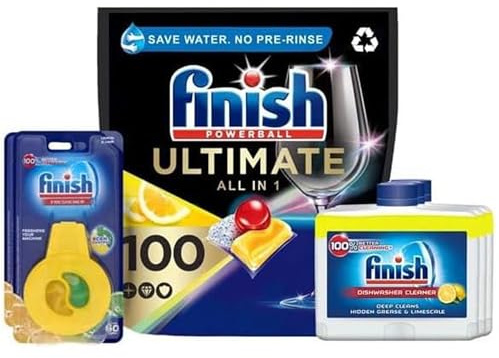 Finish Dishwasher Kit – Cleaner 250ml x3, Freshener Lemon & Lime x3, Quantum Lemon Tablets x100, Targets Grease, Odours, and Stains, Maintains Hygiene and Fragrance in Every Cycle
