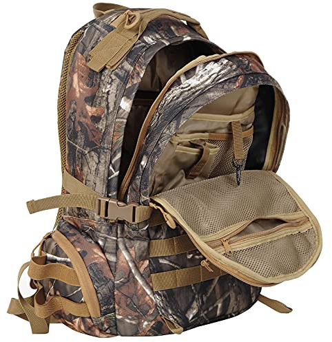 AUMTISC Mochila de caza de 40 litros con soporte para rifle para hombre, mochila de caza de camuflaje con cubierta de lluvia para arco de pistola