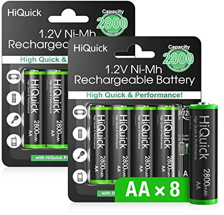 HiQuick AA Akku, Mignon AA NI-MH 2800mAh, wiederaufladbare AA Batterien 1200 Zyklen, geringe Selbstentladung mit Verkaufsverpackung und 8 Stück Akkus