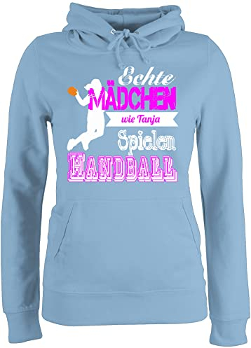Pullover Damen Hoodie Frauen - Geschenke Zubehör - Echte Mädchen Spielen Handball - mit Name - M - Hellblau - Handballer Handballerin Pulli von Maedchen Kapuzenpulli wm echt Hoody