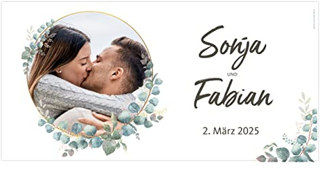 Herz & Heim® Hochzeitsdeko Party-Banner mit eigenem Foto und Namen 0,80 x 1,60 m (Eukalyptus)