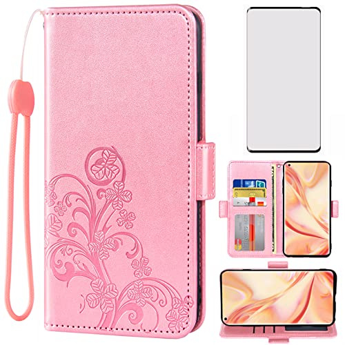Asuwish Compatible with OPPO Find X2 Pro Wallet Case and Tempered Glass Screen Protector Flip Purse Accessories Wrist Strap Credit Card Holder Stand Cell Phone Cover for CPH2025 Women Men Rose Gold