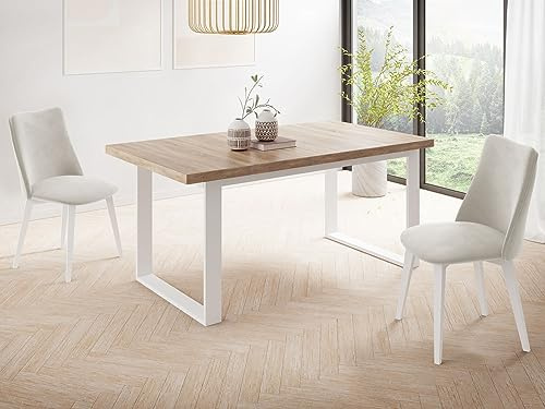 WFL GROUP Rechteckiger Loft Esstisch Für Wohnzimmer - Loft Industriell Stil Mit Weißen Metallfüßen - Ausziehbarer Esstisch von 160 cm bis 240 cm - Made in EU - Sonoma Eiche