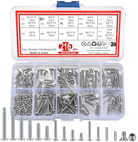 216 Pcs Pan Head Hex Socket Button Head Screws and Nuts, Stainless Steel Round Head Hexagonal Socket Head Cap Machine Screws and Nuts Assortment Kit