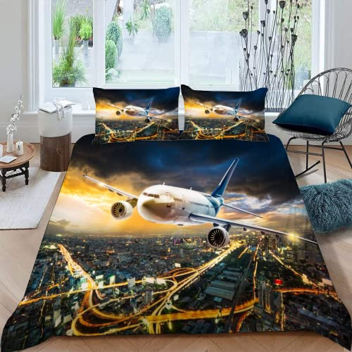 MOXINO Flugzeug Bettwäsche 155x220 cm 3teilig Der Blick Auf Die Stadt Bettbezüge für Teenager Jungen Mädchen Einzelbett Mikrofaser Bettbezug Sommer Warm Weiche Bettwaren mit 2 Kissenbezüge 80x80